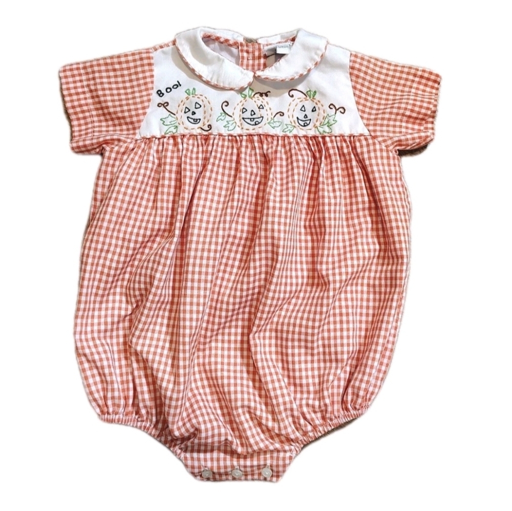 The Proper Peony Orange Gingham Pumpkin Embroidered Baby Bubble Romper 12 Months